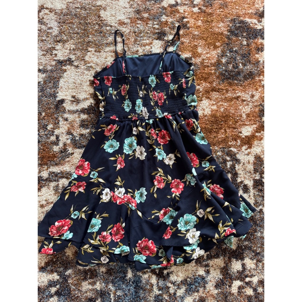 Xhilaration Navy Blue Floral Ruffle Mini Dress Smocked‎ Back Medium - Picture 5 of 8